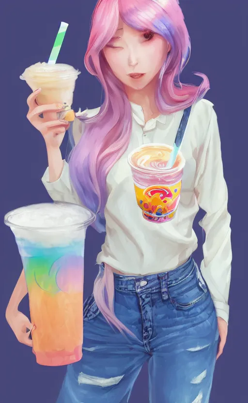 Image similar to a kawaii woman with rainbow hair, happy, summer time, holding boba tea drink, soft eyes and narrow chin, dainty figure, long hair straight down, kawaii shirt and jeans, basic white background, In style of by Jordan Grimmer and greg rutkowski, crisp lines and color