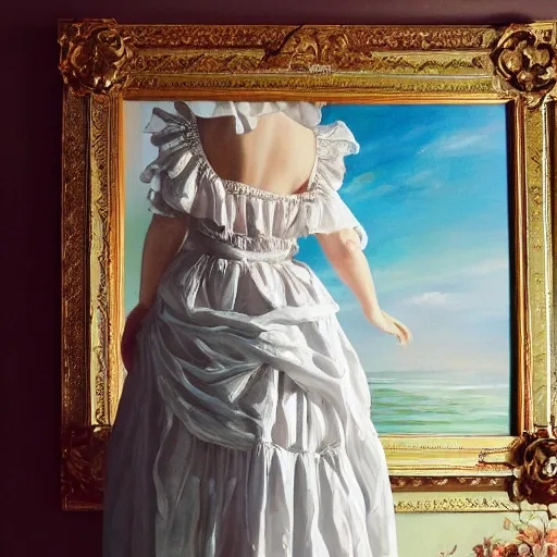 Prompt: a painting of a wonderful lady dressed with a large and decorate majestic roses cotton dress that is coming out from a ocean, dramatic light, octane--8k