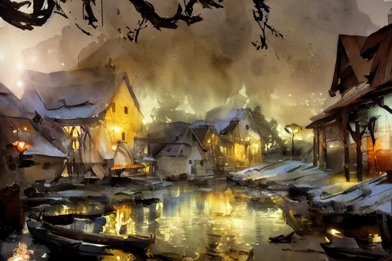 Image similar to paint brush strokes, abstract watercolor painting of rustic village at nightfall, lantern, ambient lighting, art by hans dahl, by jesper ejsing, art by anders zorn, wonderful masterpiece by greg rutkowski, cinematic light, american romanticism by greg manchess, creation by tyler edlin