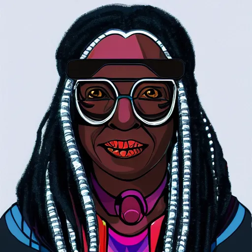 Prompt: cyberpunk robotic whoopi goldberg, sharp lines, digital, artstation, colored in