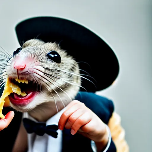 Image similar to a rat wearing a bowler hat eating cheese. sigma 5 0 mm f / 1. 4