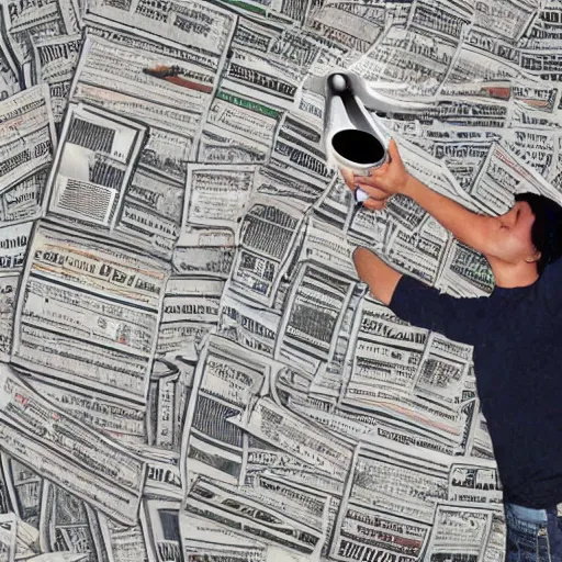 Image similar to photo of person reaching up to touch a ufo made of newspapers