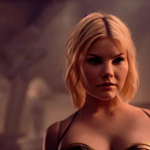 Prompt: cinematic scene with elisha cuthbert in a caslte as the goddess of war, dramatic, small details, volumetric lighting, still frame