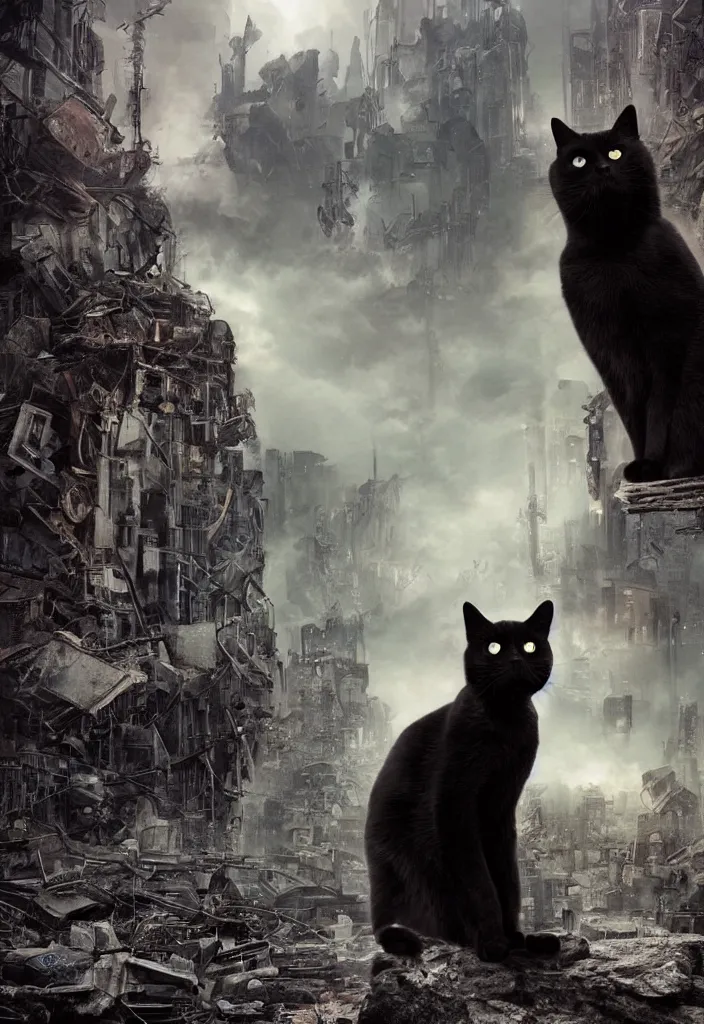 Prompt: A black cat standing on a rock, in the background is a destroyed dystopian city with mist, steampunk, digital art, very detailed, movie poster made by drew struzan, realistic