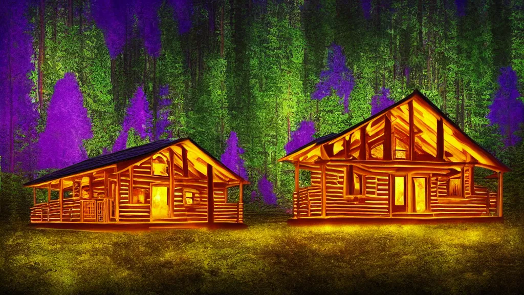 Prompt: portrait of an ethereal log cabin made of golden purple and green light, evergreen forest, divine, cyberspace, mysterious, dark high-contrast concept art