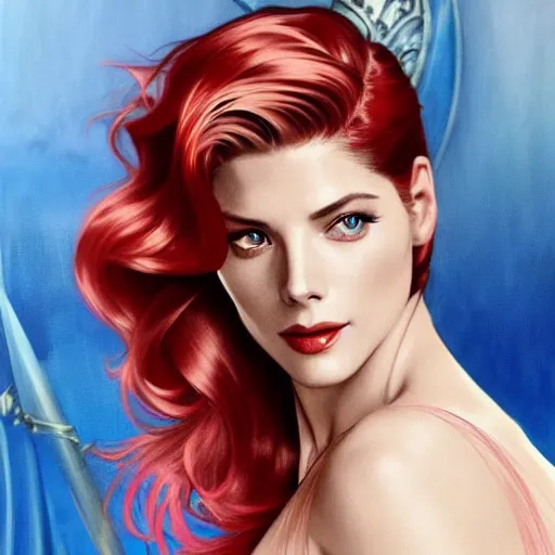 Image similar to A combination of Grace Kelly's and Katheryn Winnick's and Ashley Greene's faces with red hair as Aqua Man, full body shot, western, fantasy, intricate, elegant, highly detailed, digital painting, artstation, concept art, matte, sharp focus, illustration, art by Artgerm and Greg Rutkowski and Alphonse Mucha