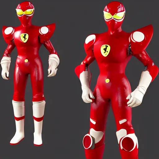 Image similar to Tokusatsu character based on Ferrari, red mechanical skinny body, chest plate with Ferrari logo, stylized motorcycle helmet, full body, unreal engine, 3D model