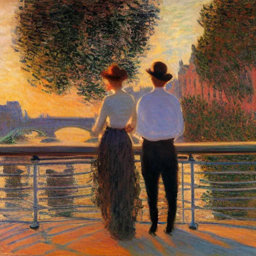 Image similar to young couple standing on a bridge over the seine in paris, claude monet, golden hour, detailed,