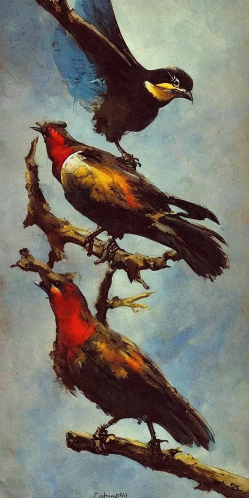 Image similar to painting, frank frazetta, birds