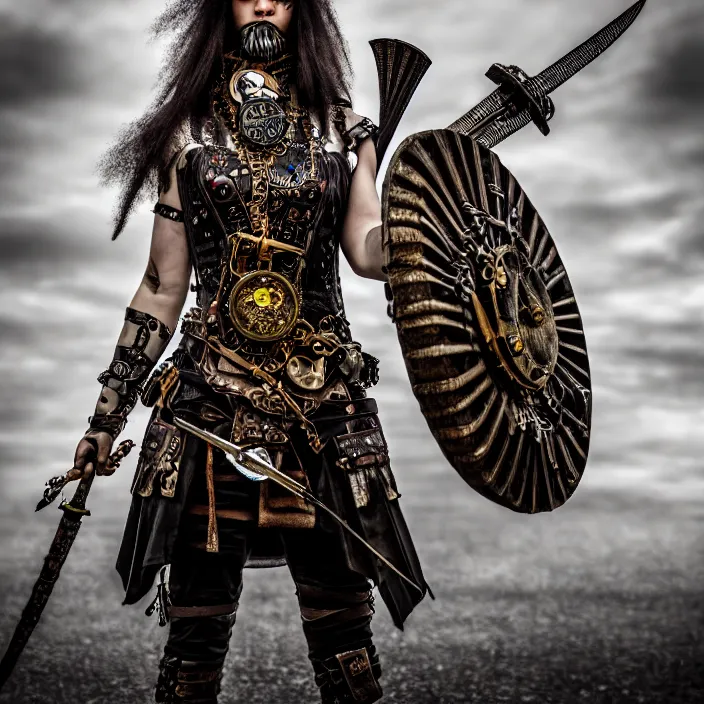 Image similar to full length photo of a real - life beautiful clockpunk warrior, 8 k, hdr, smooth, sharp focus, high resolution, award - winning photo