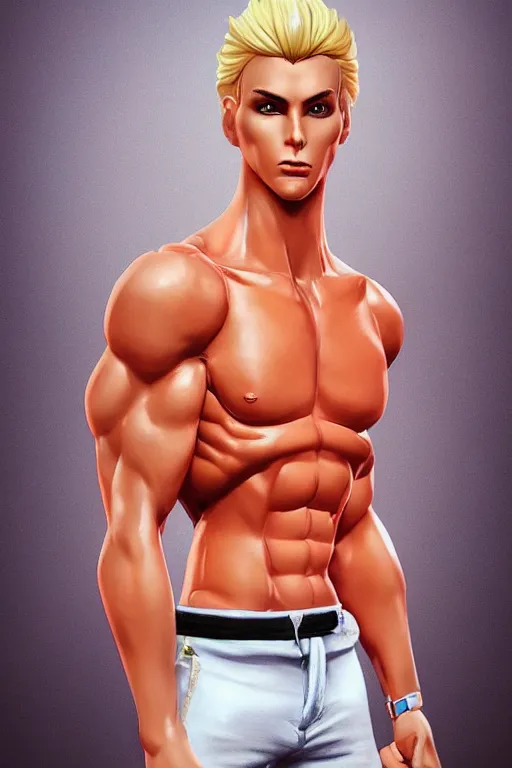 Image similar to a handsome man with blonde hair, ken doll, male android, muscular, wearing a cut-off white top and short light orange shorts, stands by a swimming pool, facing forward, in the style of artgerm and moebius and annie liebovitz, photorealistic, highly detailed, trending on artstation