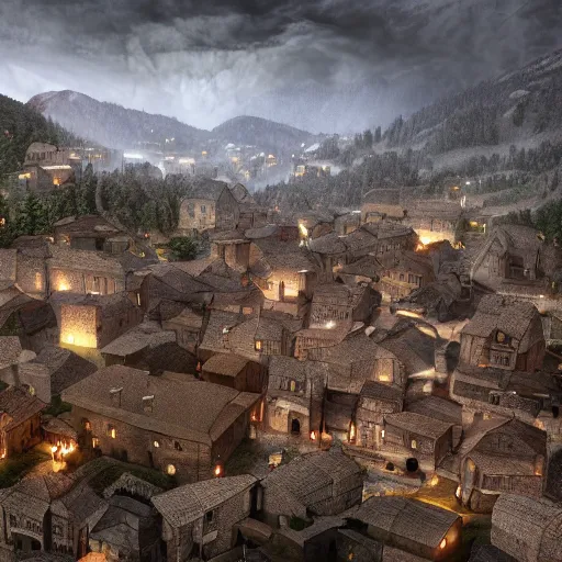 Image similar to the center of a poor medieval town under heavy rain at late night, in a valley, surrounded by mountains, highly detailed, octane render, ultra detailed cinematic, 8 k, widescreen, 1 6 : 9, hd