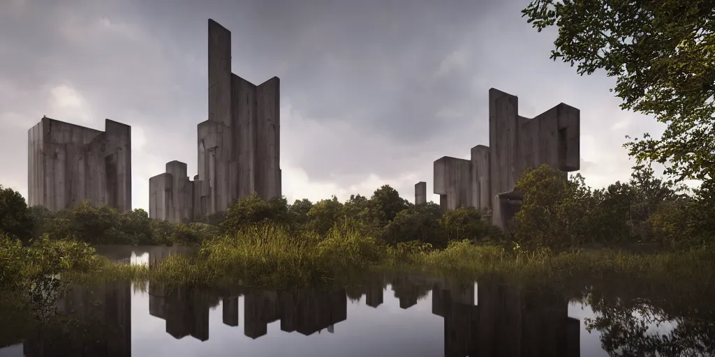 Image similar to an extremely detailed cathedral of brutalist architecture, surrounded by lush green forest, accurate reflections in small ponds of water, stunning volumetric lighting, sunset, rusted steel, smooth concrete, stunning skies, trending on Artstation, 8k, photorealistic, hyper detailed, unreal engine 5, IMAX quality, cinematic, epic lighting, in the style of Greg Rutkowski