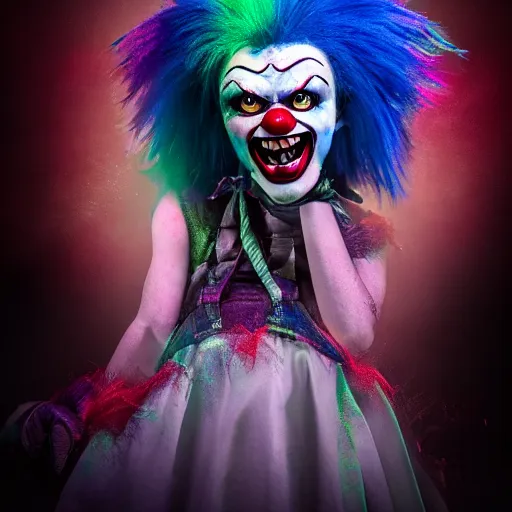 Image similar to psycho clown fairy, bleeding wings colors, cinematic lighting, various refining methods, micro macro autofocus, ultra definition, award winning photo