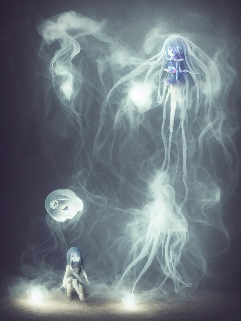 Prompt: cute fumo chibi plush beautiful ectoplasmic gothic skeletal jellyfish ghost girl, glowing milky wisps of hazy smoke and volumetric fog, lens flare, subsurface scattering, vignette, asymmetry, bokeh, refraction, vray