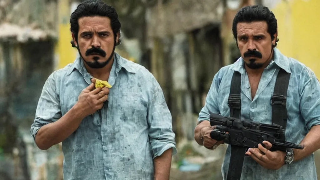 Image similar to A still of the drug kingpin El Mencho in the Narcos: Mexico TV show, yellow lighting