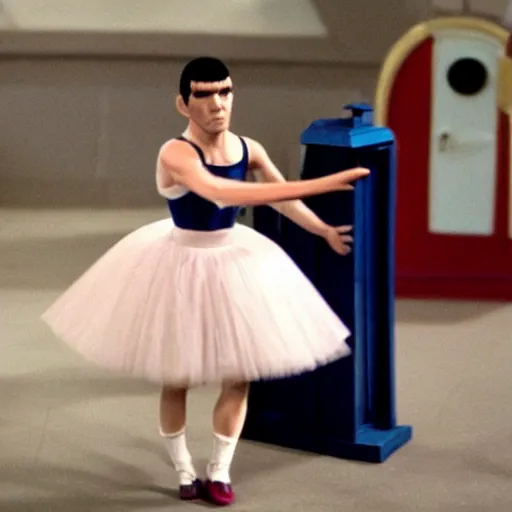 Prompt: spock in a tutu exiting the tardis
