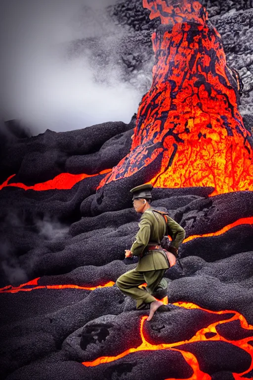 Image similar to japan world war soldier swimming on lava mountain, - photorealistic, photography, smoth, aesthetic lighting, dynamic proportion, baroque object, pullitzer winning, photo by : canon eos 5 d mark iv, versatile, lens interoperability, autofocus, 4 k uhd video capture at 3 0 fps, by karah mew