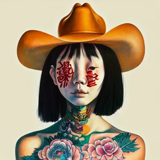 Prompt: full view of taiwanese girl with tattoos, wearing a cowboy hat, style of yoshii chie and hikari shimoda and martine johanna and edward hopper and james gilleard and zdzislaw beksisnski, highly detailed