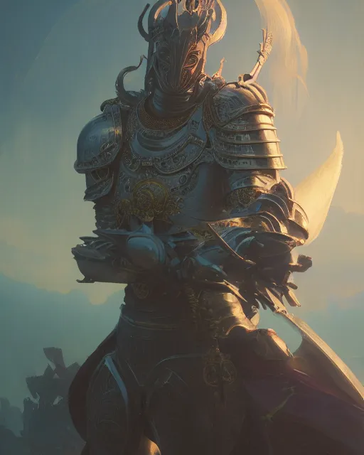 Image similar to highly detailed vfx portrait of a fantasy knight, stephen bliss, unreal engine, greg rutkowski, loish, rhads, beeple, makoto shinkai and lois van baarle, ilya kuvshinov, rossdraws, tom bagshaw, alphonse mucha, global illumination, detailed and intricate environment