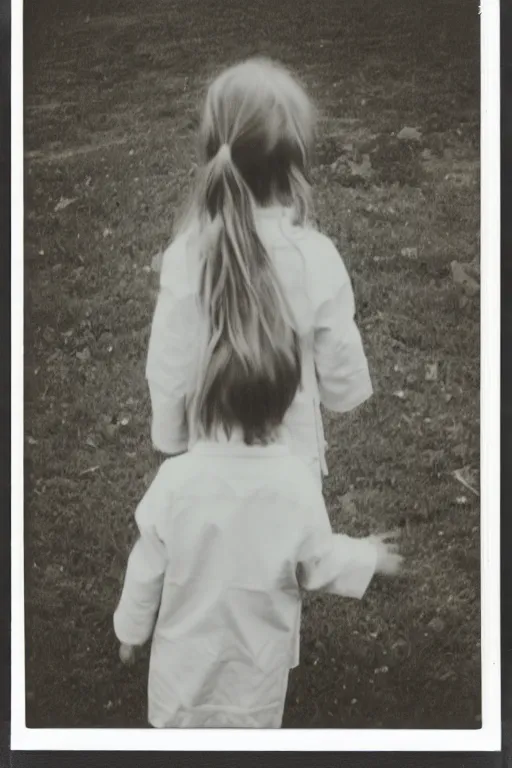 Image similar to photo polaroid of a sad and lonely child in a white coat and barefoot stands in the middle from behind the camera many big tents of field hospitals, pandemic, covid, loneliness, black and white ,photorealistic, 35mm film,