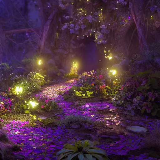 Image similar to fairy glowing magically at night concept art, realistic garden, beautiful, glorious, matte painting, highly detailed, trending on artstation, 4 k, rendered in octane, unreal engine