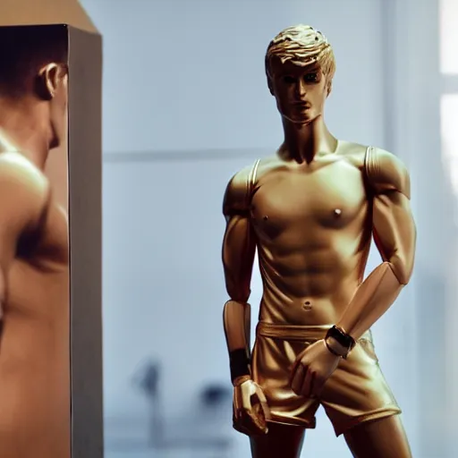 Image similar to a realistic detailed photo of a guy who is an attractive humanoid who is half robot and half humanoid, who is a male android, soccer player martin ødegaard, shiny skin, posing like a statue, blank stare, in a living room, on display, showing off his muscles, gold soccer shorts, side view