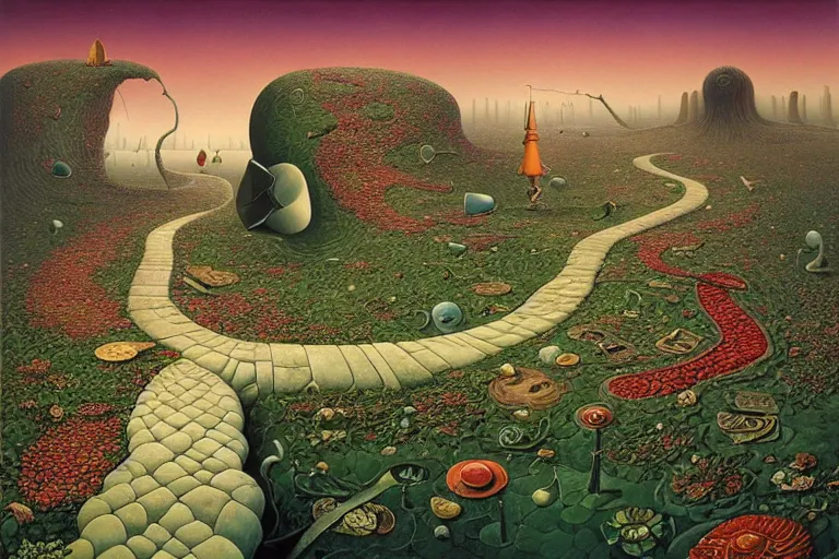 Image similar to the path less taken by jacek yerka, roger dean and salvadore dali