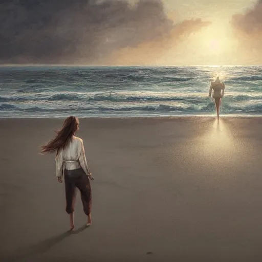 Image similar to A beautiful woman walking on the beach towards the viewer, high detail, 8K illustration, dynamic lighting, concept art, sunny, art by Leesha Hannigan and Greg Rutkowski,