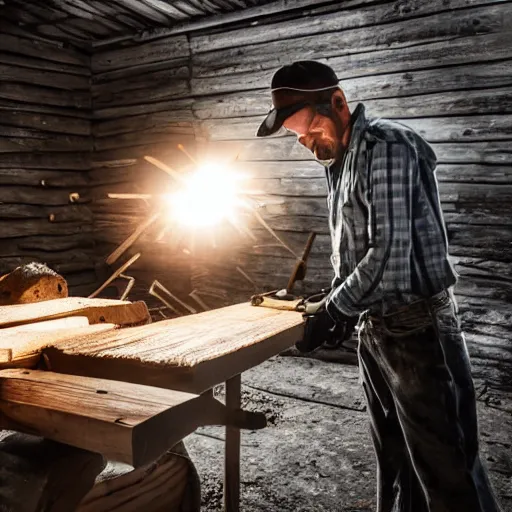 Prompt: A wood cutter cutting an old wooden building with his large two-handed axe,bright lighting , digital art , highly detailed , high contrast, beautiful lighting, award winning , trending on art station, 8k, photo realistic