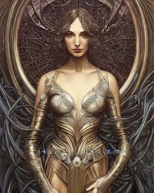 Image similar to in the style of beautiful gal gadot, steampunk, detailed and intricate by jean delville, gustave dore and marco mazzoni, art nouveau, symbolist, visionary, gothic, pre - raphaelite