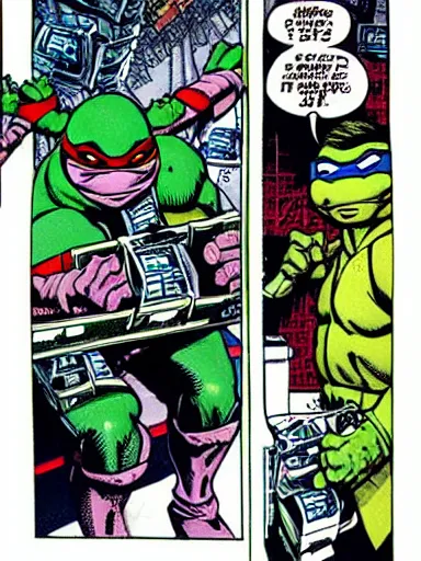 Image similar to full - color illustration by kevin eastman and peter laird from the cover of a 1 9 8 5 tmnt comic book depicting the ninja turtles fighting against the terminator endoskeleton inside the cluttered cyberdyne lab.