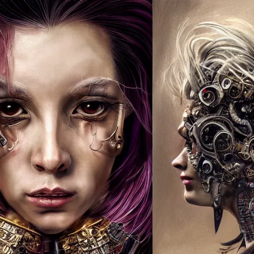 Image similar to portrait, headshot, insanely nice professional hair style, dramatic hair color, digital painting, of a old 17th century, old cyborg merchant, amber jewels, baroque, ornate clothing, scifi, realistic, hyperdetailed, chiaroscuro, concept art, art by Franz Hals and Jon Foster and Ayami Kojima and Amano and Karol Bak,