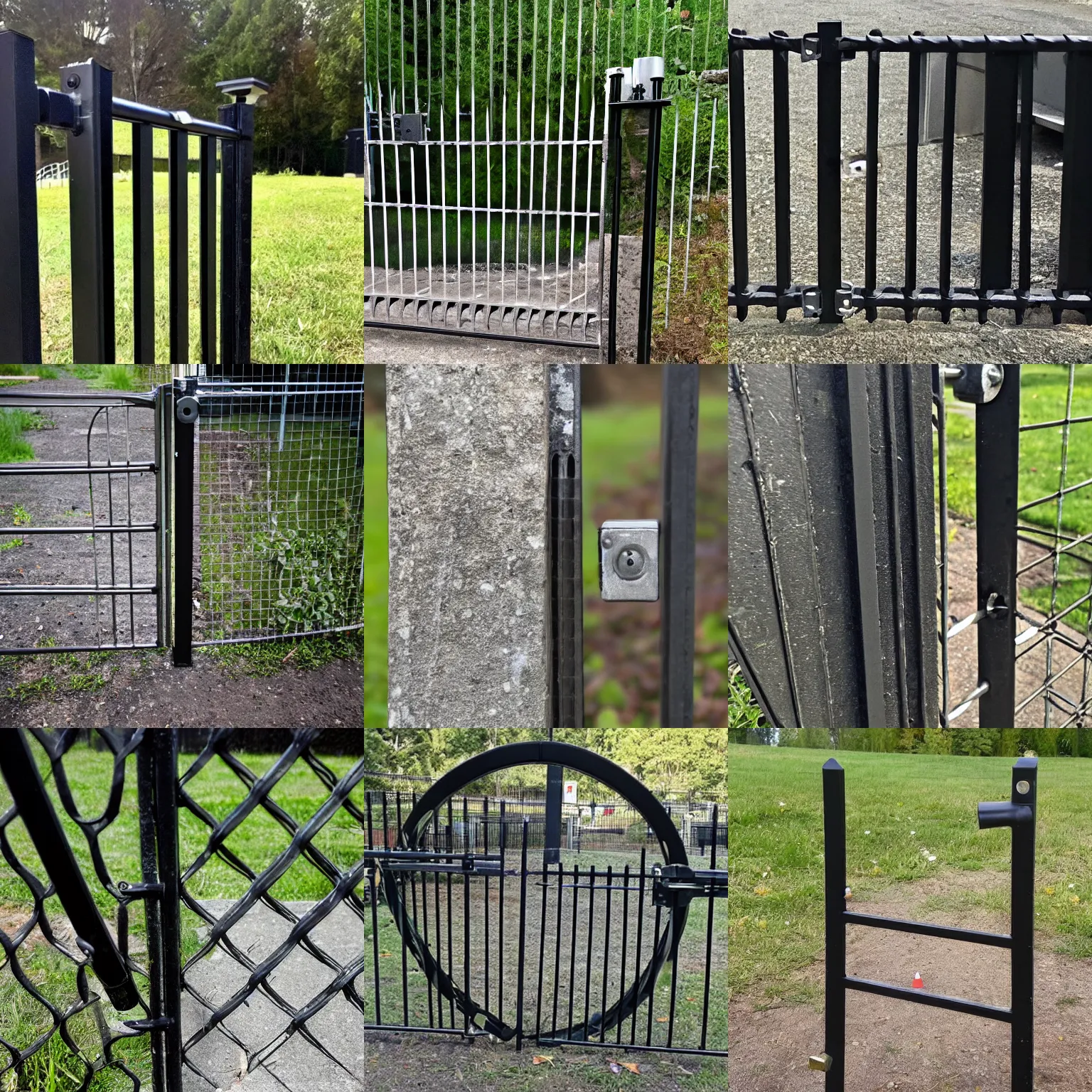 Prompt: The bottom of a black metal security gate, where the bolt is down, but has missed the hole in the ground to actually lock it.