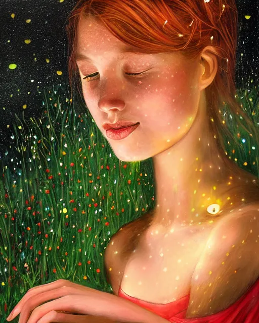 Image similar to a young woman, admiring the lights of golden fireflies, sitting in the midst of nature fully covered with a wonderful dress, long loose red hair, intricate details, green eyes, small nose with freckles, oval shape face, soft happy smile, realistic, expressive emotions, hyper realistic highly detailed art by april gornik and artgerm