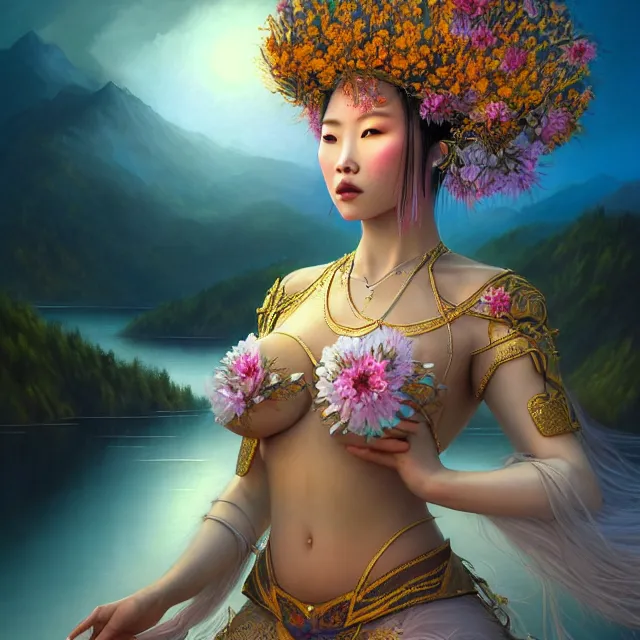 Prompt: beautiful 3 d render of a mongolian queen goddess in a sensual pose covered with flowers, sexy face, atmospheric lighting, intricate, volumetric lighting, beautiful, rich deep colours masterpiece, sharp focus, ultra detailed, in the art style of bowater, charlie, brom, gerald, with lake baikal in the background, astrophotography