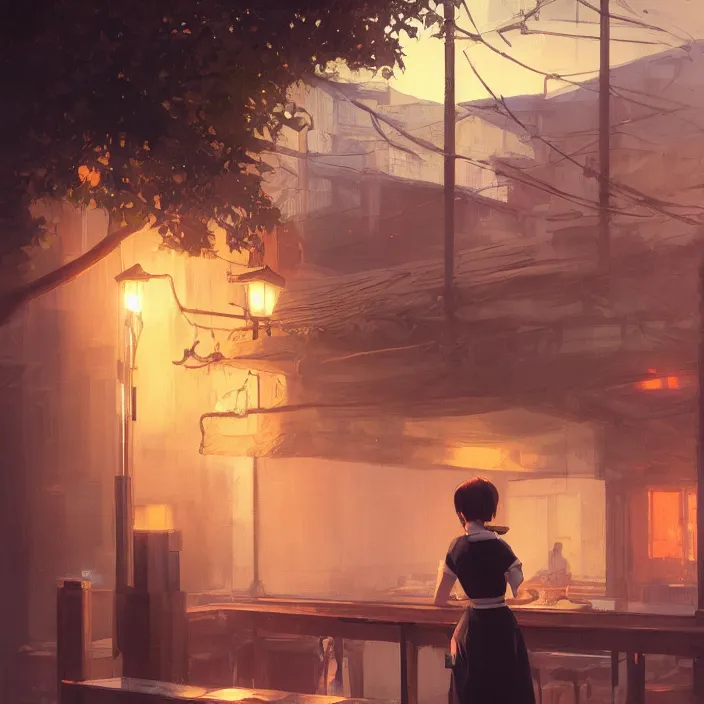 Image similar to akase akari, fine details, night setting, realistic shaded lighting poster by ilya kuvshinov, katsuhiro, artgerm, jeremy lipkin, michael garmash, nixeu, unreal engine 5, radiant light, detailed and intricate environment