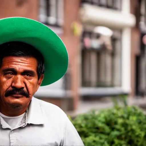 Prompt: mexican man wearing a sombrero looking confused in amsterdam, pixar