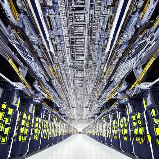 Image similar to diverse groups of humans building the insides of supercomputers, from behind, wide angle, elaborate, highly detailed, beautiful lighting