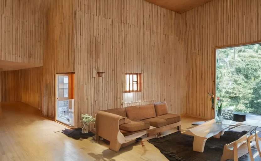 Image similar to luxurious wooden cottage by alvar aalto, modern Japanese living room, Japanese flower arrangements, coherent composition, architecturally accurate, architecture photography