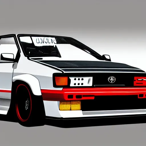 Image similar to Toyota Corolla AE86 as designed by Lamborghini, photorealistic, 4k, ultra hd, concept art, highly detailed, digital illustration, trending on artstation, award-winning, 5 stars