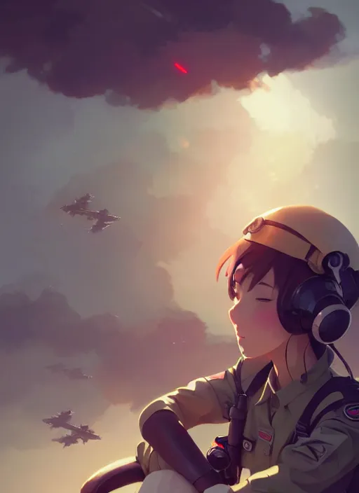 Image similar to portrait of cute pilot girl, smoky sky background, lush landscape, illustration concept art anime key visual trending pixiv fanbox by wlop and greg rutkowski and makoto shinkai and studio ghibli and kyoto animation, soldier clothing, military gear, airplane robot, war machine, sky girls series