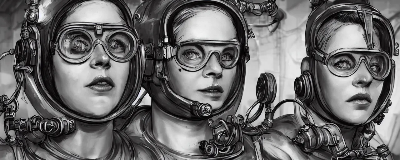 Image similar to detailed ink character concept art 3 / 4 portrait of tattooed stoic heroic emotionless butch blonde woman engineer with short slicked - back hair, wearing dirty flight suit, wearing dark victorian goggles, working inside reactor room, awkward and uncomfortable and anxious, dirty. industrial space program, scifi, hyper detailed. octane render. trending on artstation