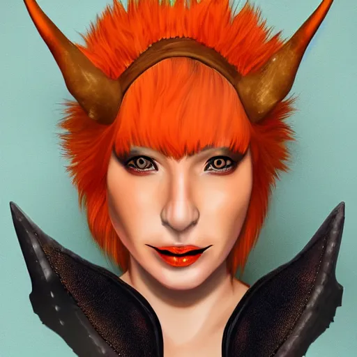 Prompt: illustrated realistic portrait female kobold horns orange skin and blue hair with black evil eyes wearing leather armor