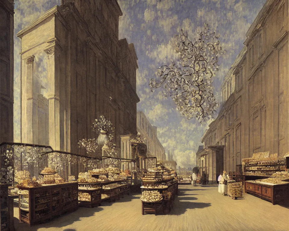 Image similar to achingly beautiful painting of a sophisticated, well - decorated bakery on warm background by rene magritte, monet, and turner. giovanni battista piranesi.
