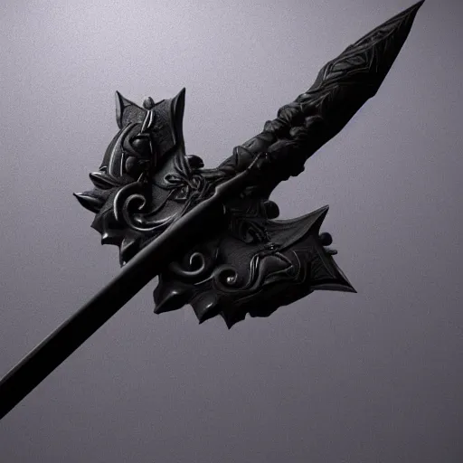 Image similar to a black sword skull crest, ornament, weapon, a 3 d render by dom qwek, studio lighting, front side view, trending on polycount, hard surface modeling, rendered in maya, 3 ds max, blender, artstation hd, vray