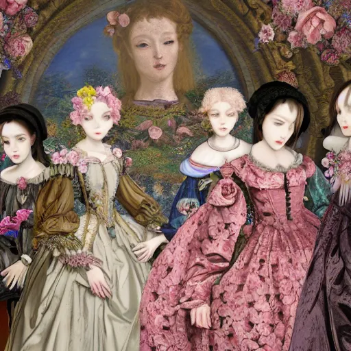 Image similar to 8k, realism, renaissance, baroque, group of creepy young ladies wearing renaissance long harajuku manga dress with flowers and skulls, background chaotic flowers