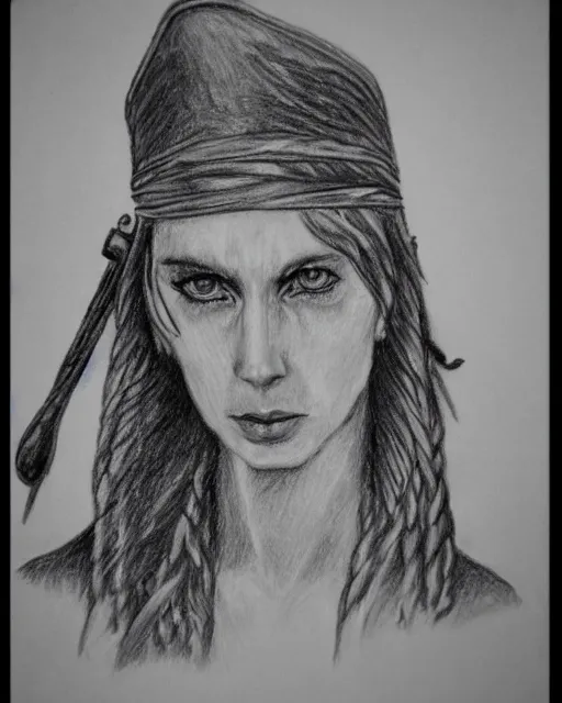 Image similar to A beautiful female warrior on a pirate ship at a deserted island, very faded outline, realism pencil drawing on white paper, bald lines