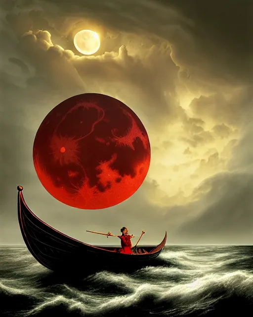 Prompt: the age of discovery, red moon over stormy ocean, huge clouds in the form of a gigantic octopus, the greatest adventurer standing on a 1 5 th century sampan boat holding a medieval compass, dappled silver lighting, epic, atmospheric, highly detailed, by igor morski, jacek yerka, alexander jansson, james christensen, tomek setowski