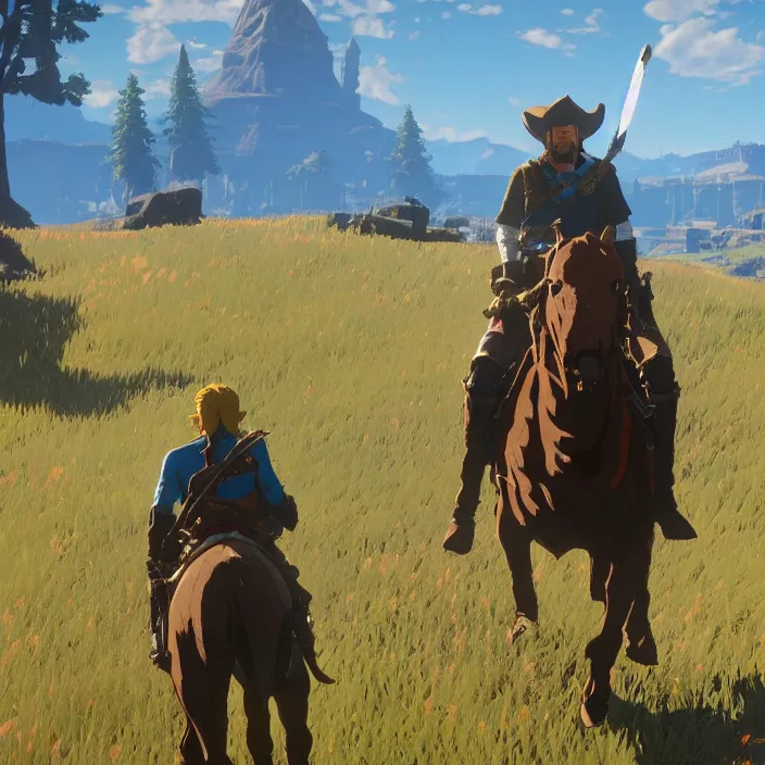 Prompt: Arthur Morgan in The Legend of Zelda Breath of the Wild, detailed screenshot